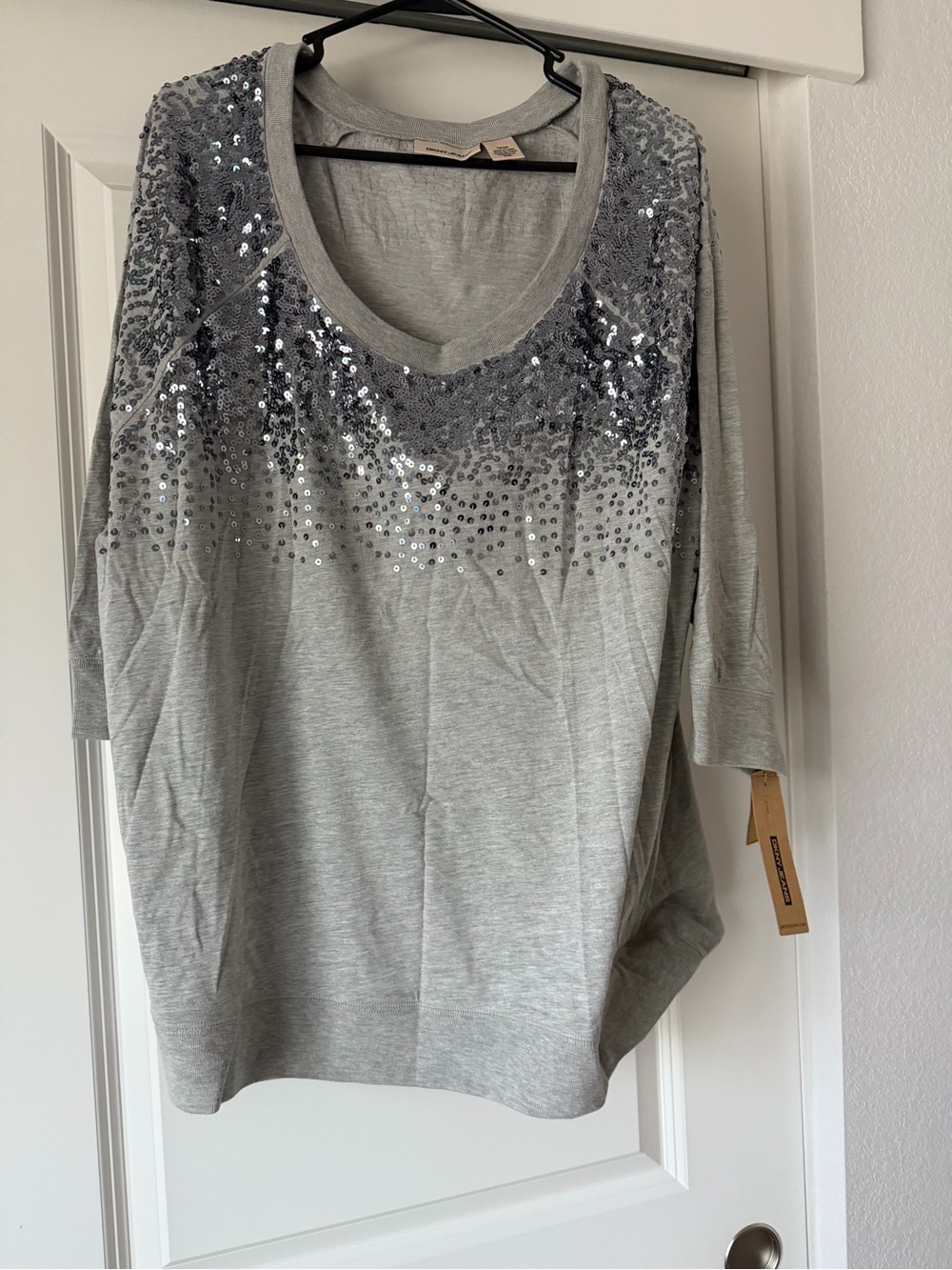 DKNYC Gray Sequin Scoop-Neck Pullover
